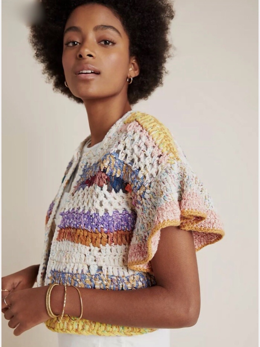 Anthropologie Cardigan Sweater Hand Knit Mia Crochet Multi Striped Crop XS/S NEW